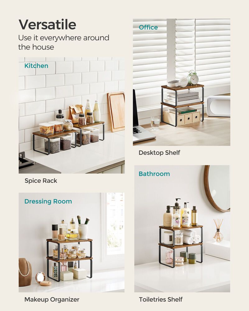 Expandable and Stackable Cabinet Shelf Organizer – Metal and Bamboo Kitchen Counter Shelves, Set of 2