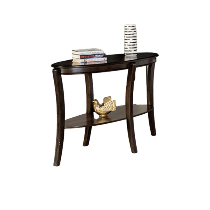 Orio Sofa Table, Open Shelves, 49 Inch Oval Top, Curved Legs, Brown Wood