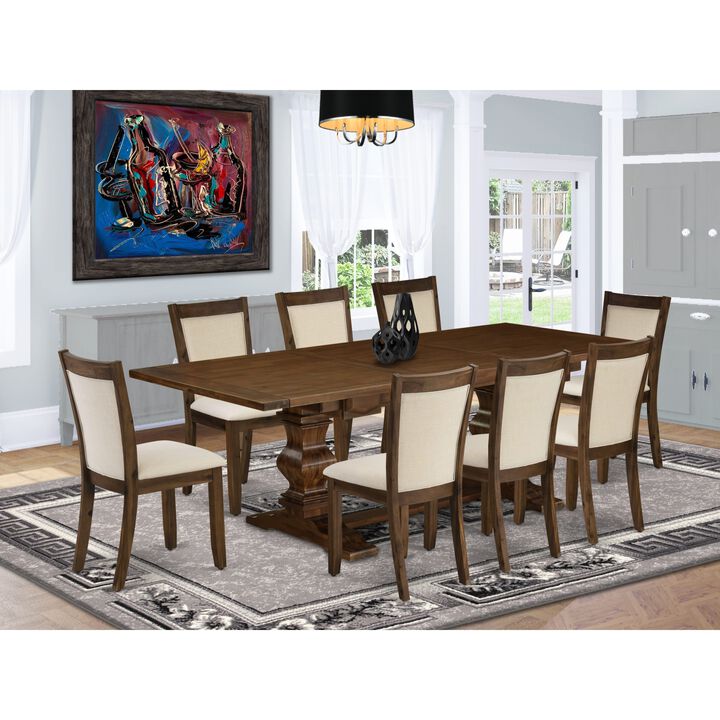 East West Furniture East West Furniture LAMZ11-N8-32 11-Pieces Kitchen Table Set - 1 Modern Dining Table with Double Pedestal and 10 Light Beige Linen Fabric Modern Chairs with Stylish Back - Antique Walnut Finish