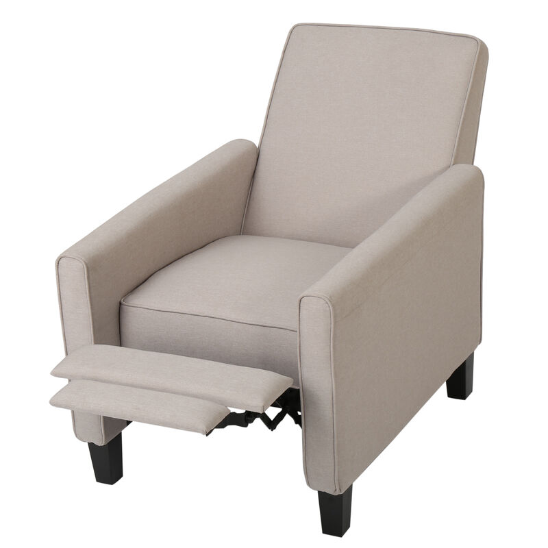 Zuca Pushback Recliner Chair, Black Wood, Premium Padded Beige Polyester - Benzara