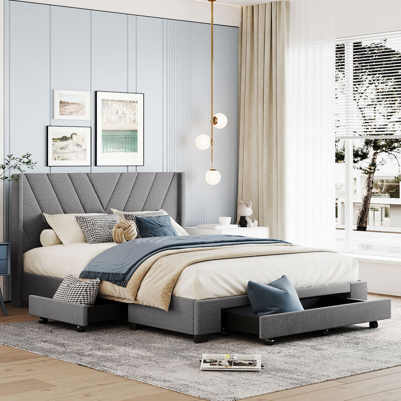 Merax Linen Upholstered Platform Bed with 3 Drawers