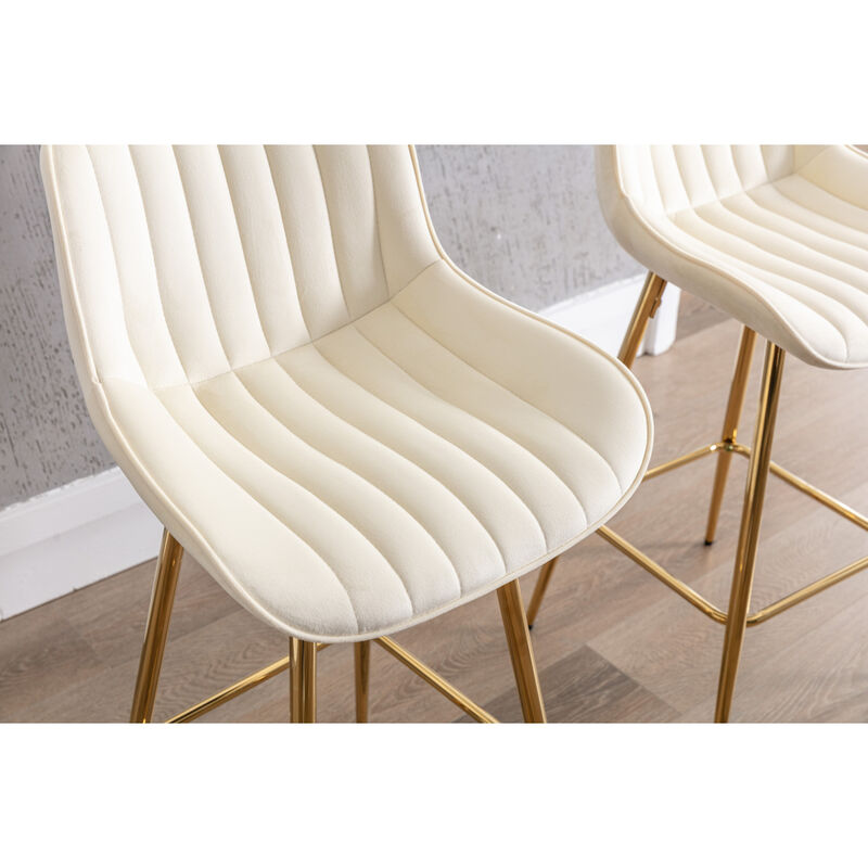 26 Inch Set of 2 Bar Stools, with Chrome Footrest Velvet Fabric Counter Stool Golden Leg Simple Bar Stool, CREAM