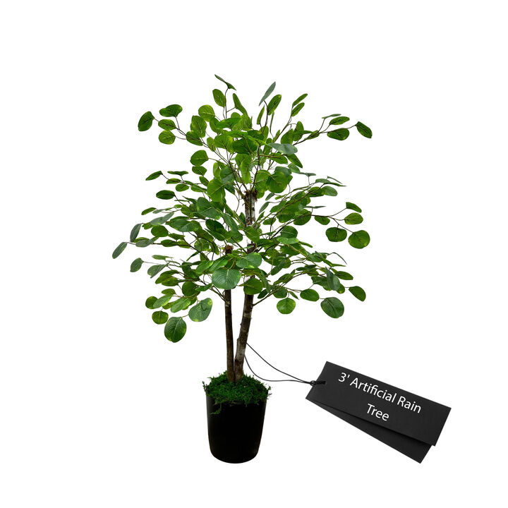 Handmade 3' Artificial Rain Tree In Home Basics Plastic Pot Made with Real Wood and Moss Accents