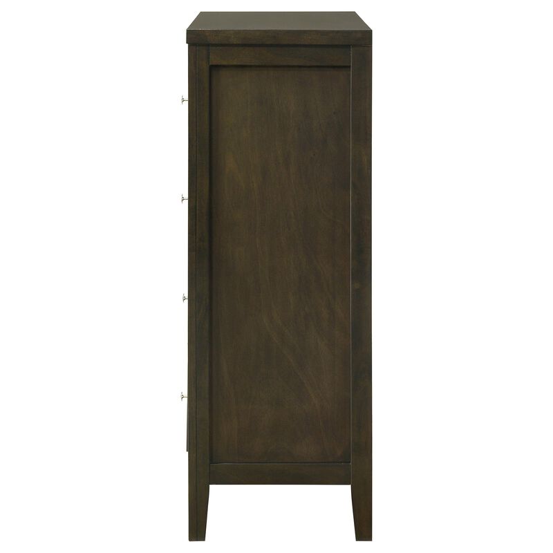 Wily Tall Dresser Chest, Dark Brown Wood, 4 Drawer, Round Nickel Knobs - Benzara