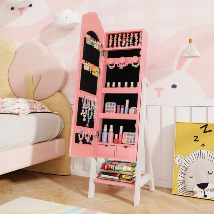 Hivvago Kids Jewelry Organizer with Full Length Mirror Drawers and Storage Shelves