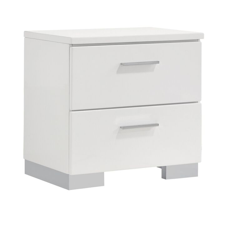 Wooden Nightstand with 2 Drawers and Chrome Metal Legs, White-Benzara