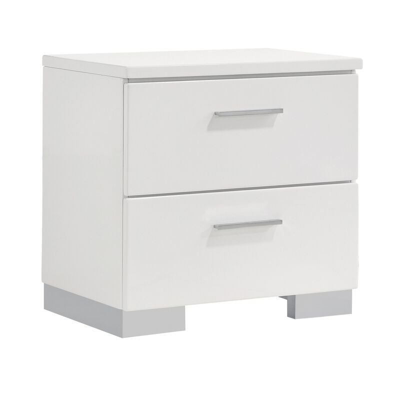 Wooden Nightstand with 2 Drawers and Chrome Metal Legs, White-Benzara