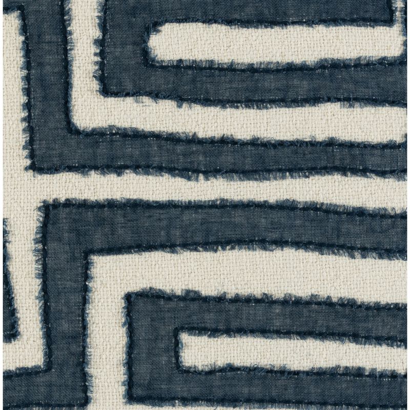 22 Inch Square Accent Throw Pillow, Hand Stitched Applique in Blue, Ivory-Benzara