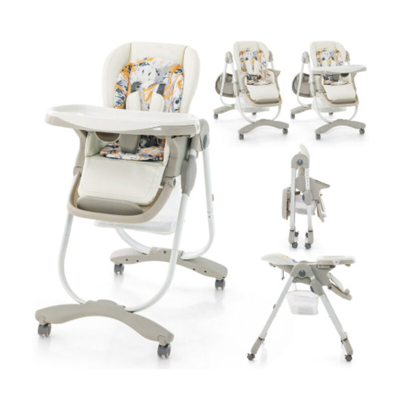 Multifunctional Folding Baby High Chair with Rolling Wheels and Adjustable Height