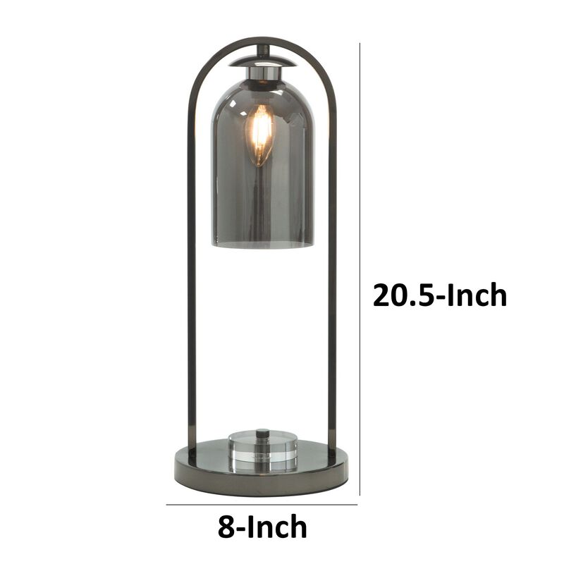 21 Inch Table Lamp, Cylinder Glass Shade, Round Base, Rustic Nickel Gray-Benzara