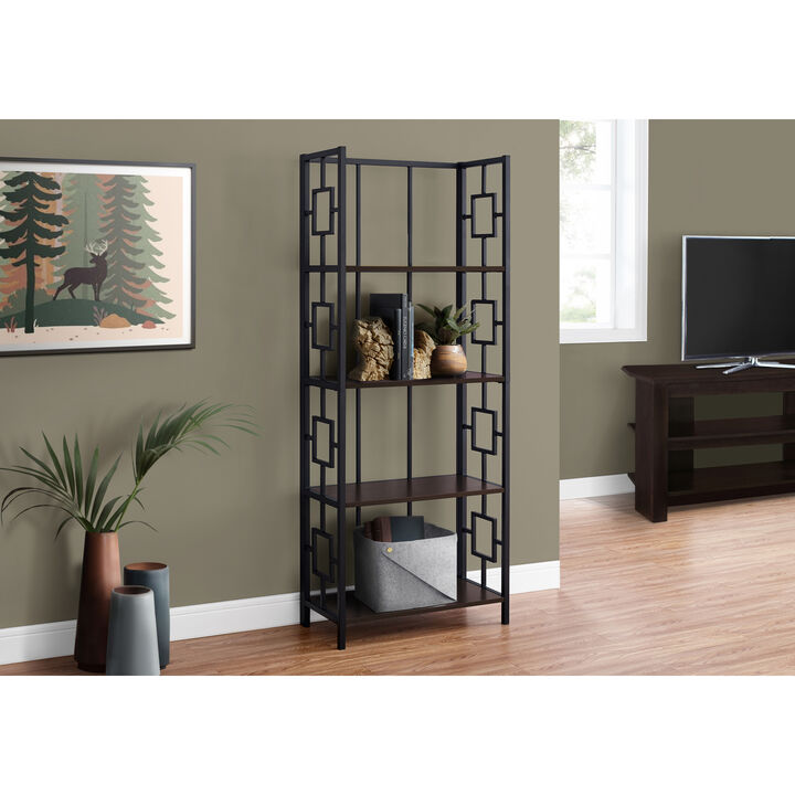 Monarch Specialties I 3617 Bookshelf, Bookcase, Etagere, 4 Tier, 62"H, Office, Bedroom, Metal, Laminate, Brown, Black, Contemporary, Modern