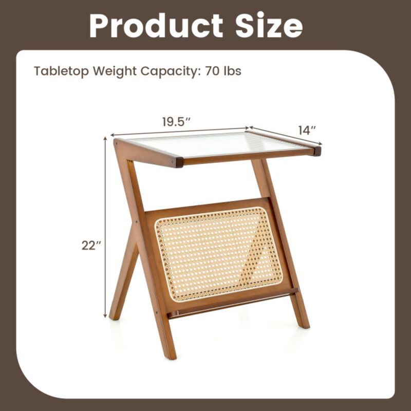 Hivvago Boho End Table with Magazine Rack and Tempered Glass Top