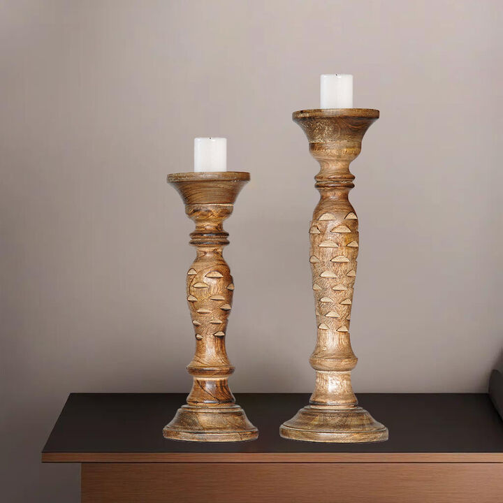 Traditional Medium Burnt Eco-friendly Handmade Mango Wood Set Of Two 12" & 15" Pillar Candle Holder