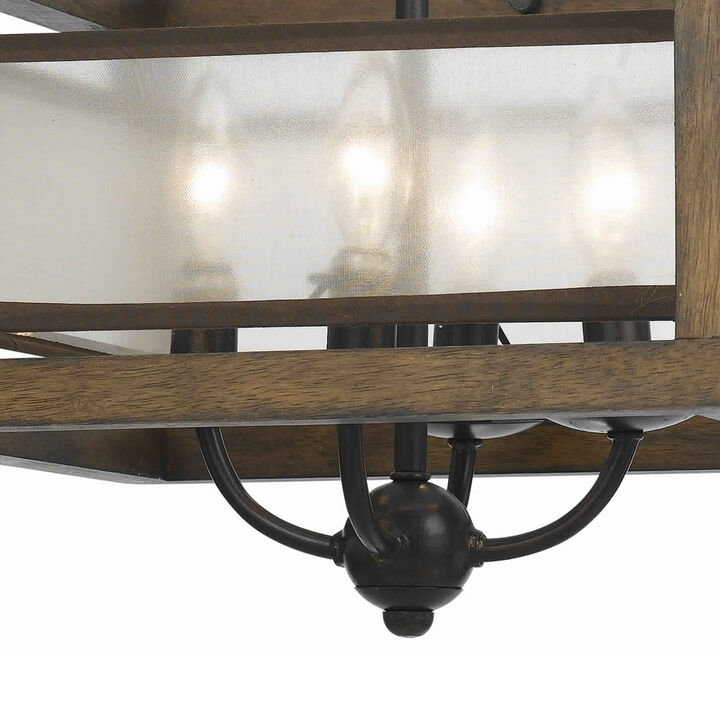 4 Bulb Semi Flush Pendant with Wooden Frame and Organza Striped Shade,Brown-Benzara