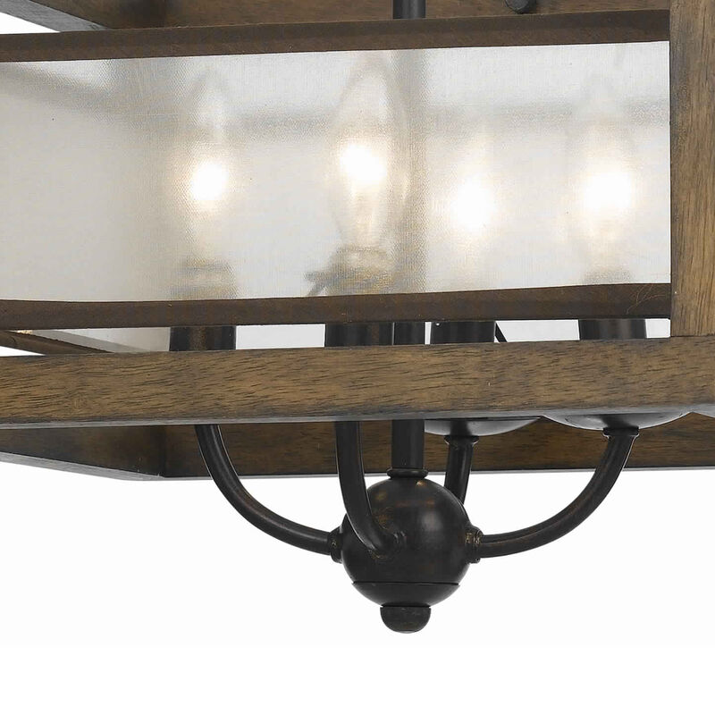 4 Bulb Semi Flush Pendant with Wooden Frame and Organza Striped Shade,Brown-Benzara