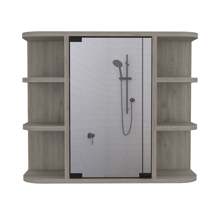 Milan Medicine Cabinet, Six External Shelves Mirror, Three Internal Shelves - Light Gray