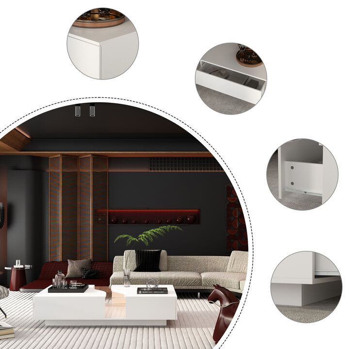 55.1 in. W White Rectangle Wooden End Table, Side Table, Coffee Table with 2-Drawers and Visable Decored Light