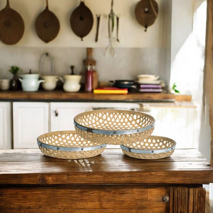 Set of 3 Round Woven Trays Wicker Metal for Stylish Storage