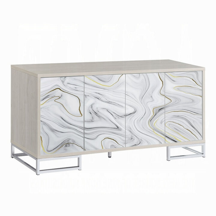 Anok Sideboard Console Cabinet, White Marble Look, Chrome, 65 Inch - Benzara
