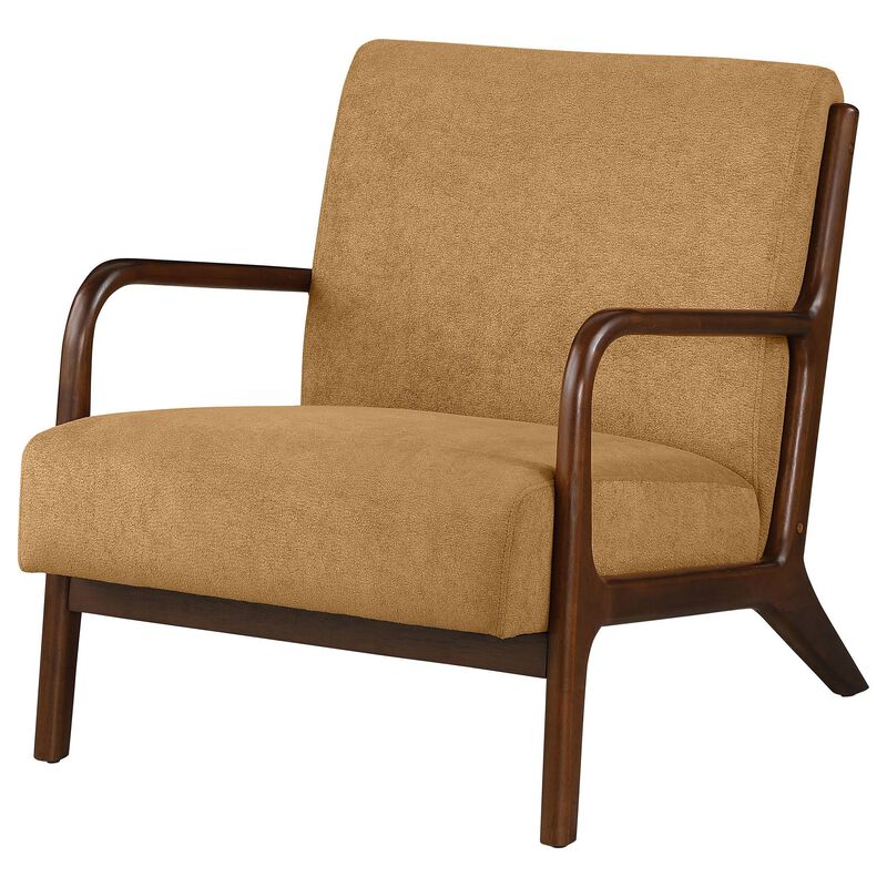 Arril Accent Chair, Soft Honey Orange Fabric Cushions, Dark Brown Wood - Benzara