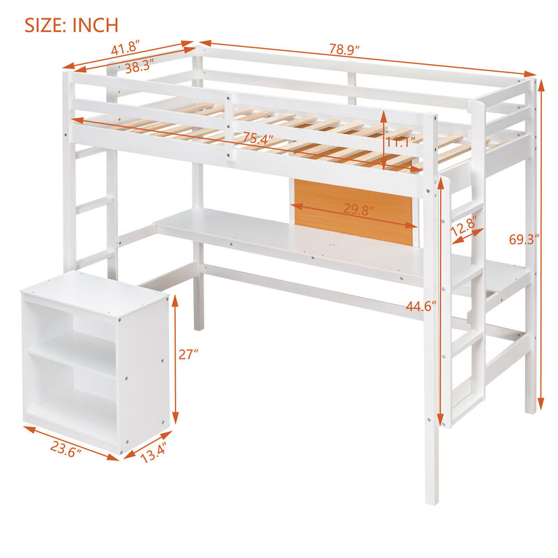 Twin Size Loft Bed With Desk And Writing Board, Wooden Loft Bed With Desk & 2 Drawers Cabinet