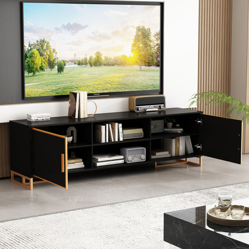 FUFU&GAGA Modern Black TV Stand with Gold Trim, Metal Handles & Base – Entertainment Center for TVs up to 75" (70.9"W x 15.7"D x 20.9"H), Black