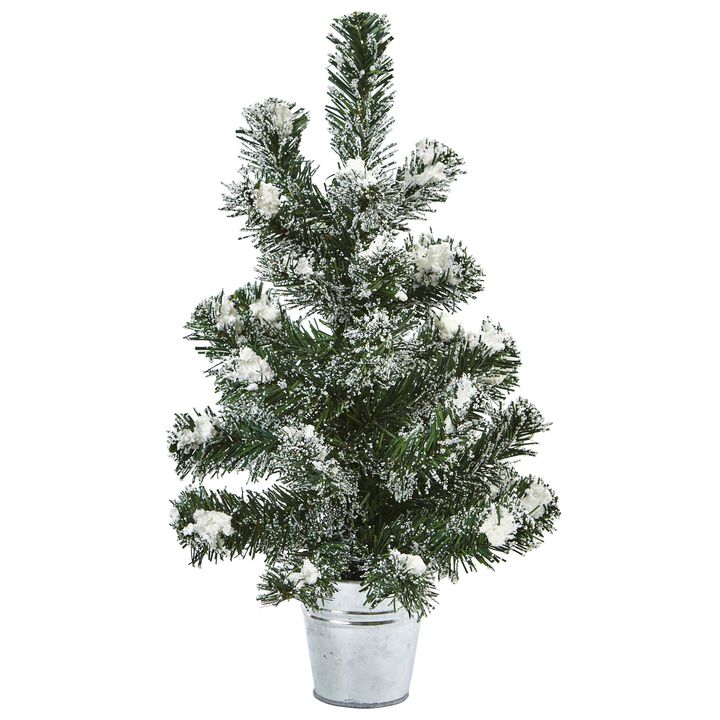 Hivvago 18 Inches Snowy Pine Tree with Tin (Set of 2)