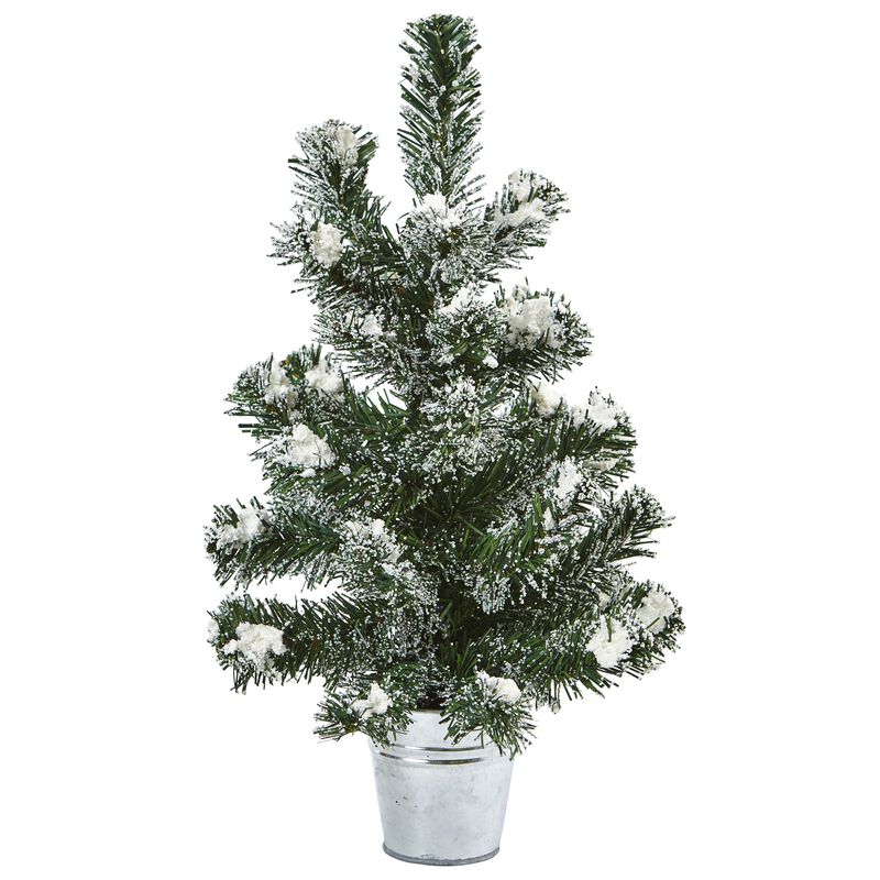 Hivvago 18 Inches Snowy Pine Tree with Tin (Set of 2)