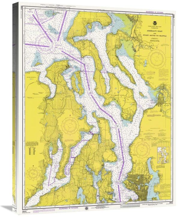 Nautical Chart - Admiralty Inlet and Puget Sound to Seattle ca. 1975-Canvas Art-23.7x30