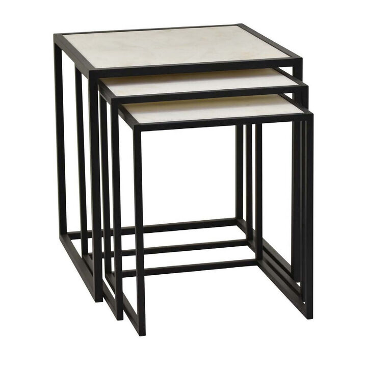 Plant Stand Table Set of 3, Nesting Open Black Metal Frame, White Top - Benzara