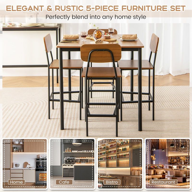 5 Pieces Industrial Dining Table Set with Counter Height Table and 4 Bar Stools-Dark Brown