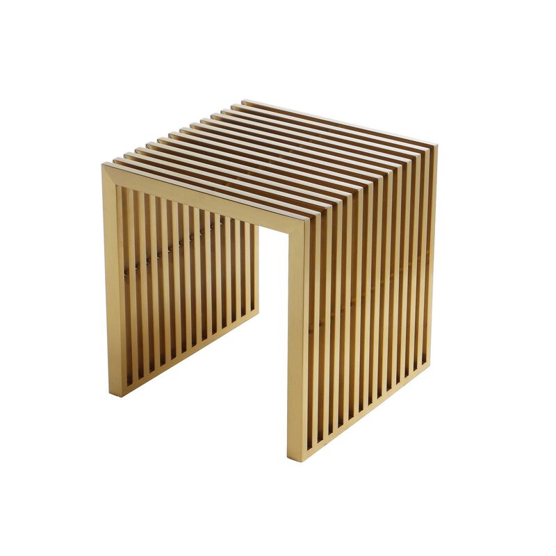Niki 17 Inch Accent Stool, Slatted Design, Square, Luxurious Brushed Gold  - Benzara