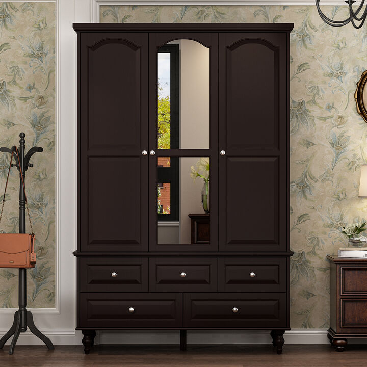 Black Paint 47.2 in. W Big Wardrobe Armoires W/Mirror, Hanging Rod, Drawers, Adjustable Shelves 70.9 in. H x 20 in. D