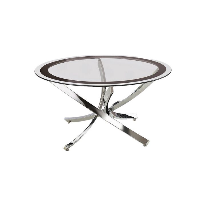 Round Tempered Glass Top Coffee Table with Metal Legs, Silver and Clear-Benzara