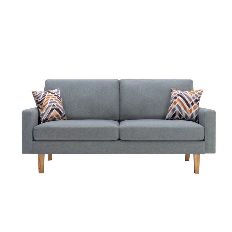 Gala 3 Piece Sofa and Chairs Set, Light Gray Fabric, 2 Pillows, Brown Wood-Benzara
