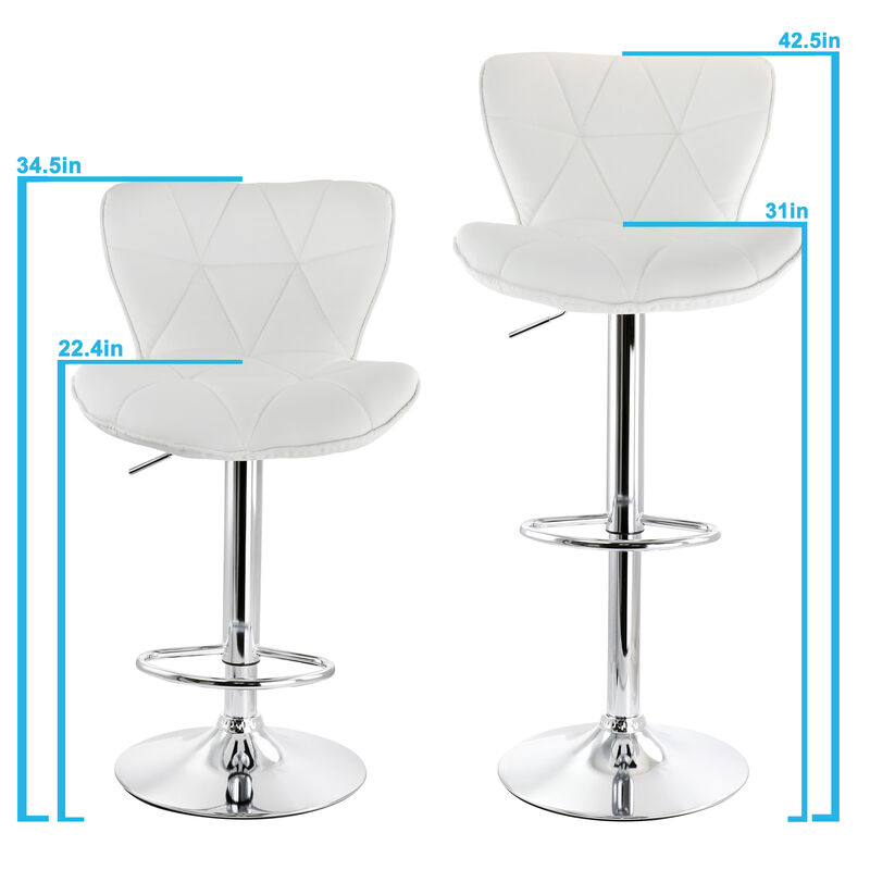 Elama 2 Piece Diamond Tufted Faux Leather Adjustable Bar Stool in White with Chrome Base