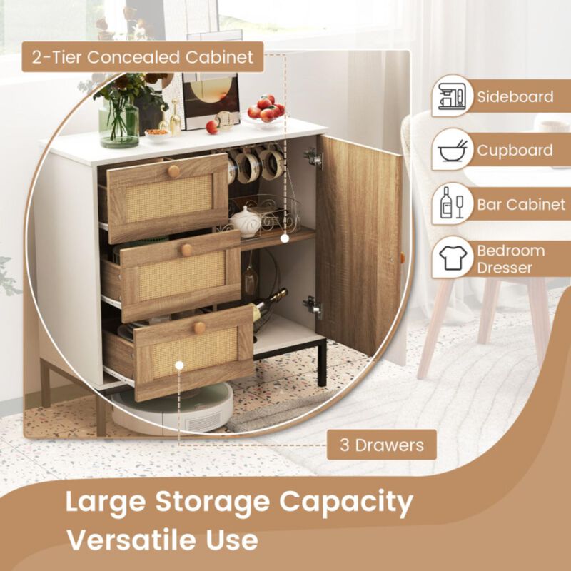 Hivvago Rattan Sideboard Buffet Cabinet with 1 Door and 3 Drawers