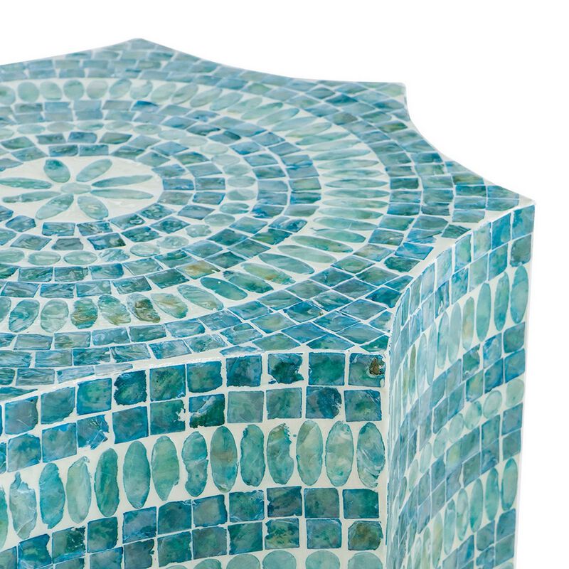 20 Inch Stool Table, Capiz Shell Inlay, Floral Geometric Design, Turquoise - Benzara