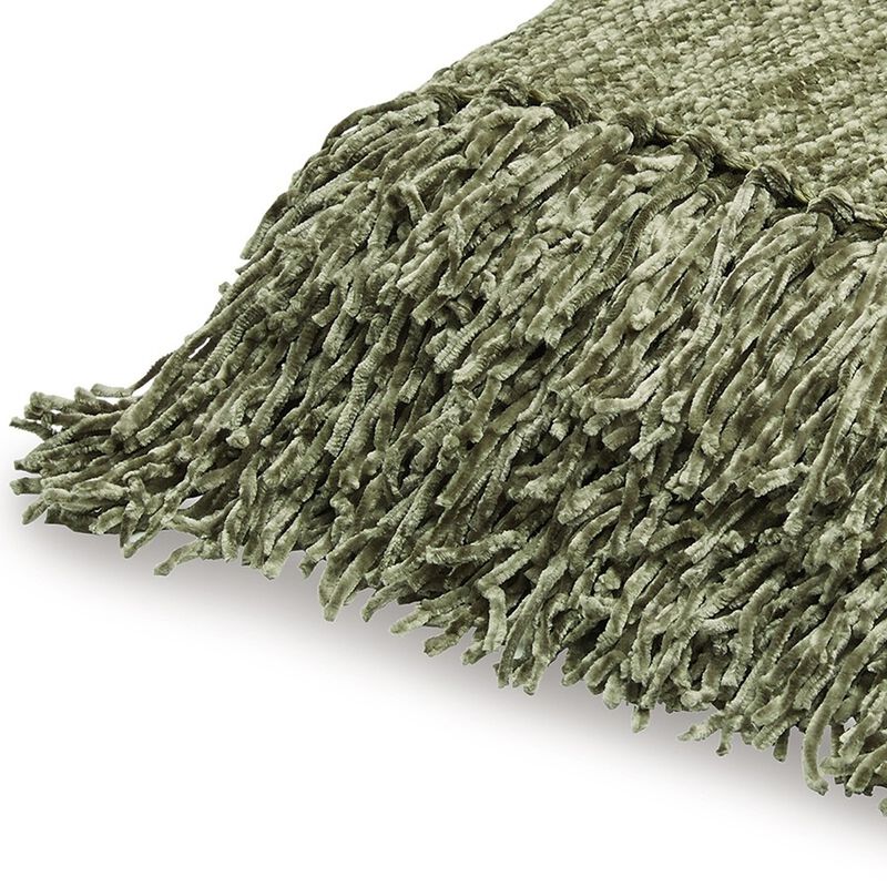 Emily Throw Blanket Set of 3, Textured Woven Knotted Fringe Green Polyester - Benzara