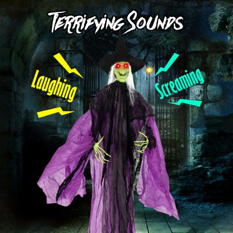 Hivvago 7.2 ft Halloween Standing Witch with Lighted Eyes and Automatic Arm Movement
