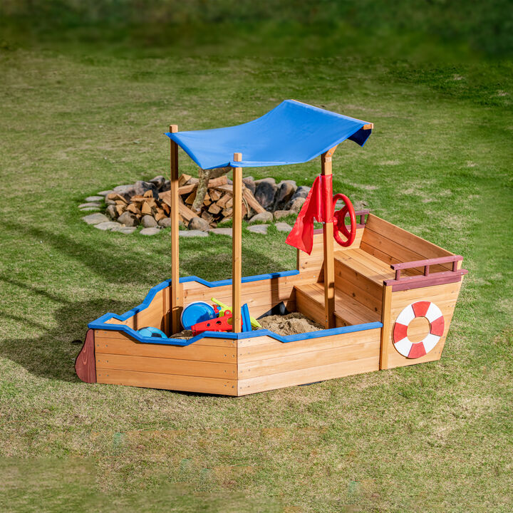 Wooden Pirate Ship Sandbox with Storage Bench & Cover