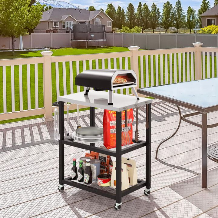 Hivvago 3-Tier Foldable Outdoor Stainless Steel Food Prepare Dining Cart Table on Wheels