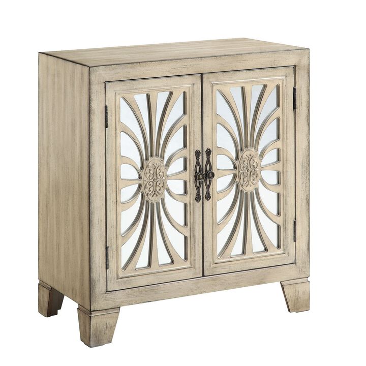 Console Table with 2 Glass Doors and Floral Motif, Antique White-Benzara