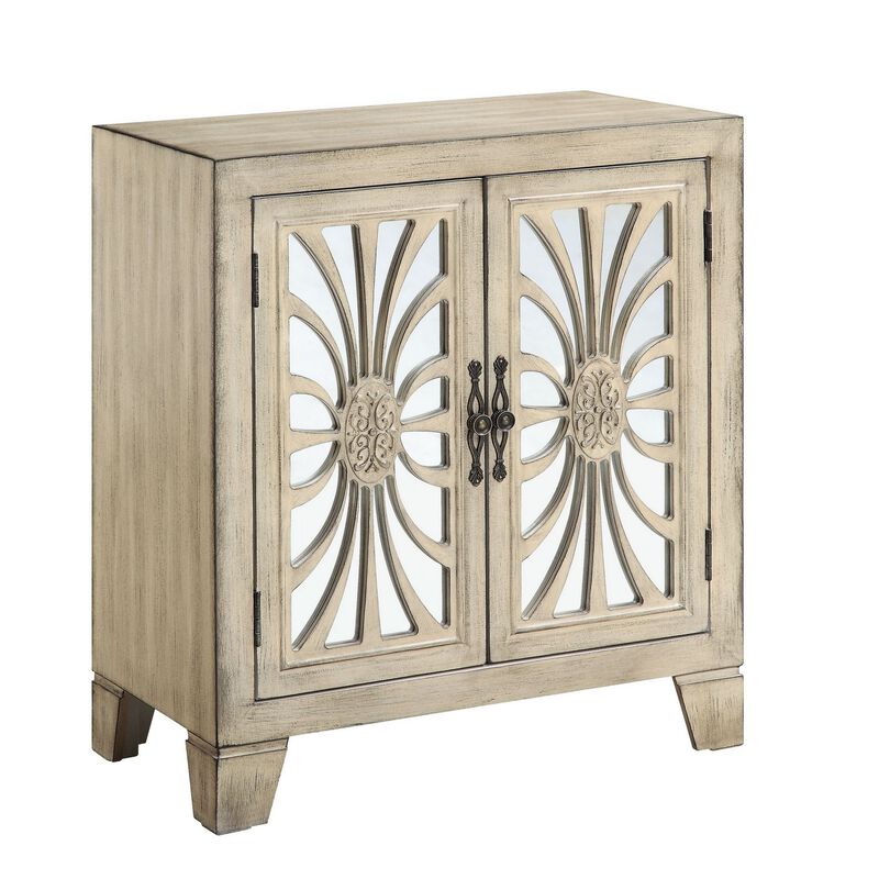 Console Table with 2 Glass Doors and Floral Motif, Antique White-Benzara