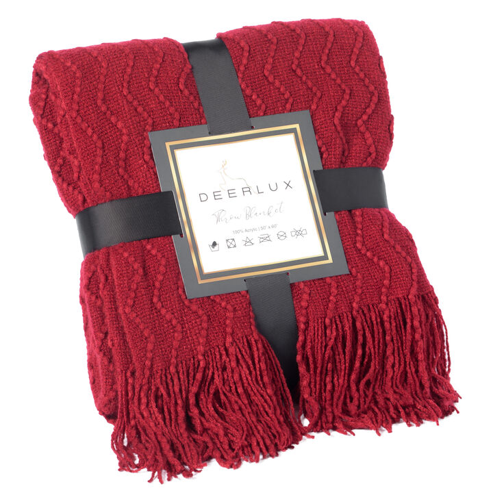 Decorative Chevron Pattern Knit Throw Blanket, 50x60 in, Made with Premium Yarns, Finished with Chic Fringe Details - Red, Lightweight, Breathable, Easy Care