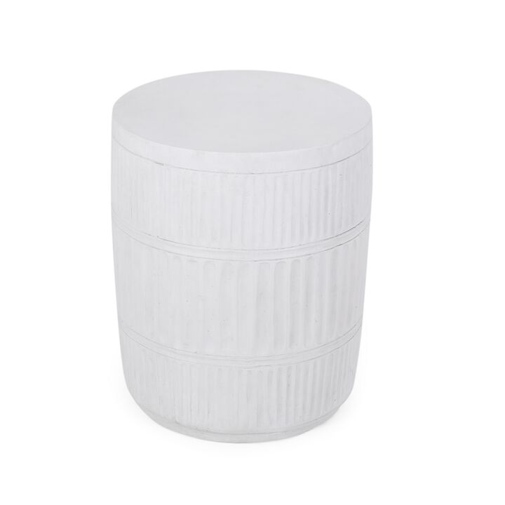 End Table, White Faux Concrete, Round 15 Inch Top, Natural White - Benzara