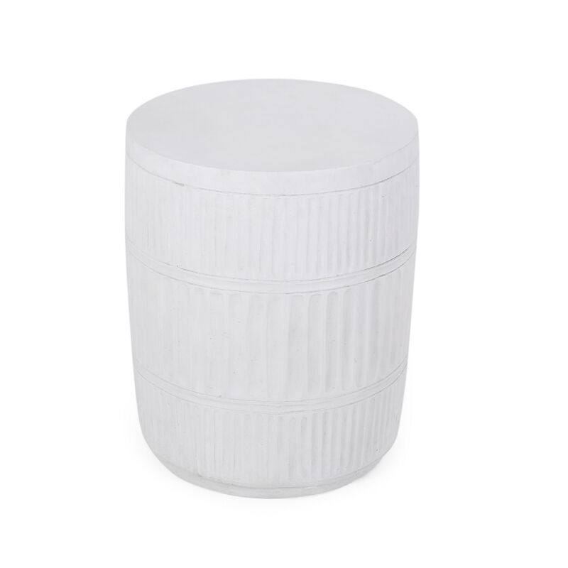 End Table, White Faux Concrete, Round 15 Inch Top, Natural White - Benzara