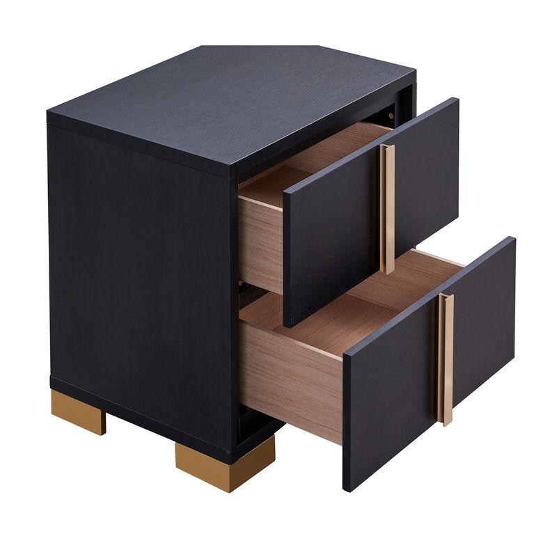 Dex 22 Inch Nightstand, 2 Drawers with Long Vertical Gold Handles, Black - Benzara