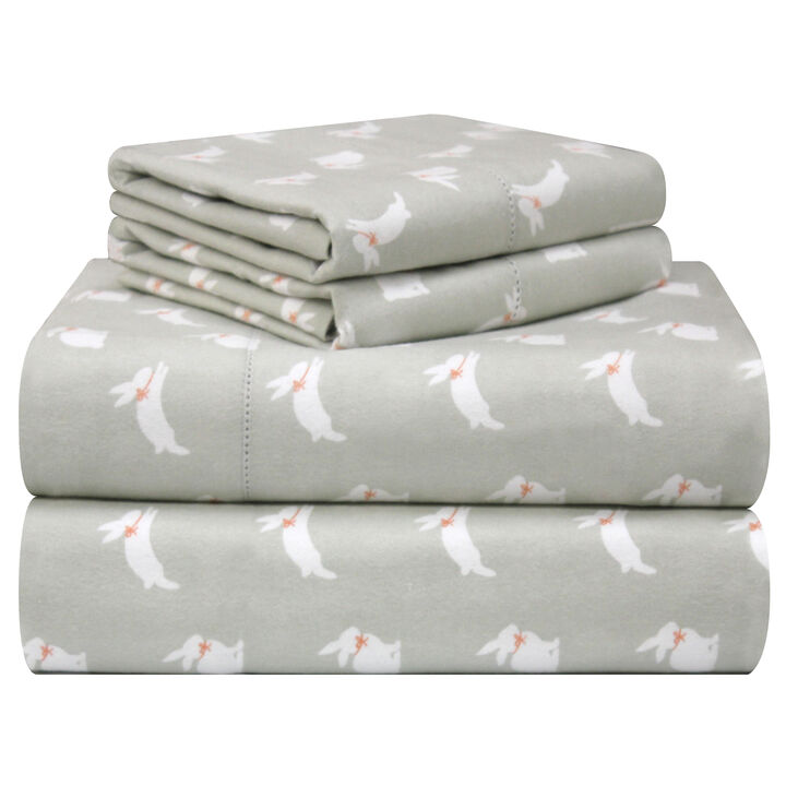 Pointehaven 180 GSM Velvet Feel Luxury Cotton Bunnies Printed Flannel Deep Pocket 4 pc Sheet Set, Full