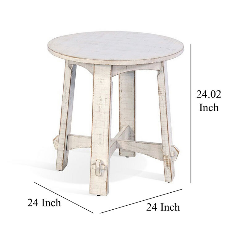Rena Rustic Side End Table, X Legs, 24in Round, Distressed White Wood - Benzara